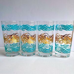 MidCentury Aqua Metallic Gold Wavy Swirls Clear Glass 12oz Tumblers Set of 4